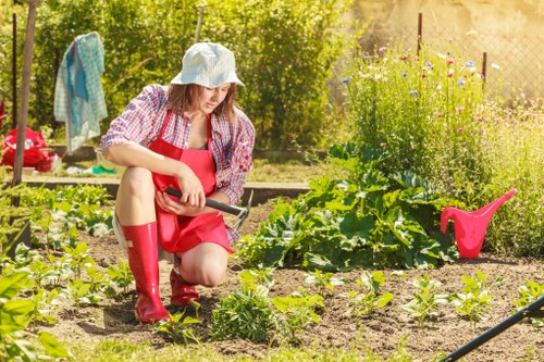 Person using a mobile device to request accessibility adjustments related to garden care