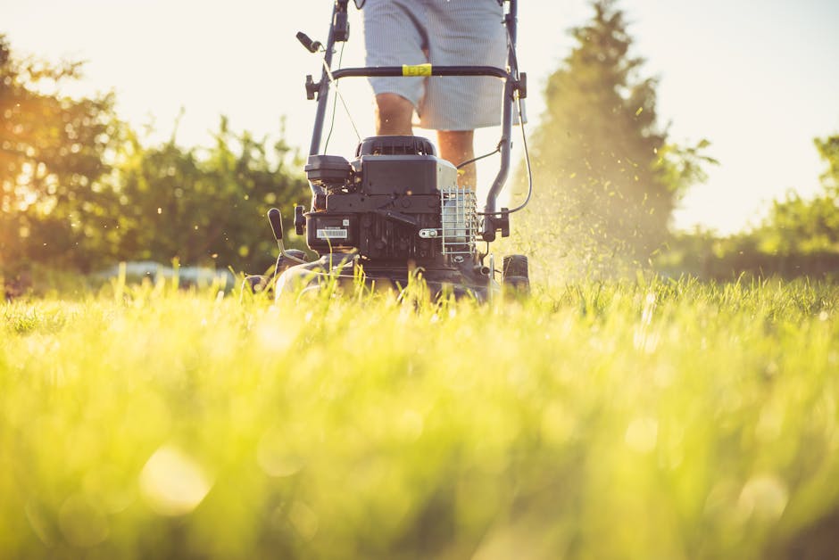 A man with short, styled brown hair and a beard is crouching on a lush green lawn, wearing a black apron over a checkered shirt and white gloves, focused on emptying or adjusting a large black grass c